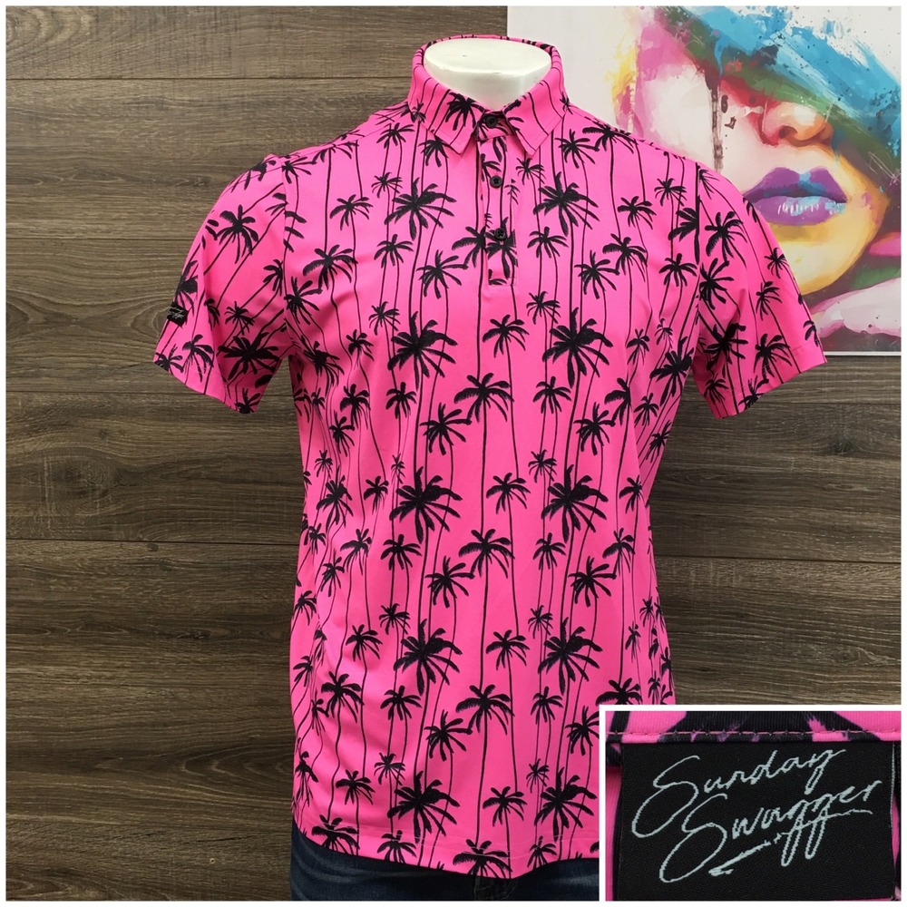 Sunday Swagger Mens Pink Palm Tree Performance Golf Polo Shirt Large